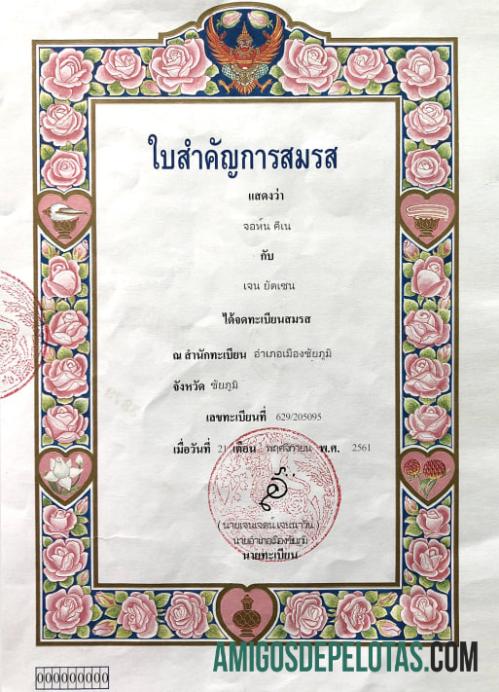 Certidão de casamento na Tailândia exemplo